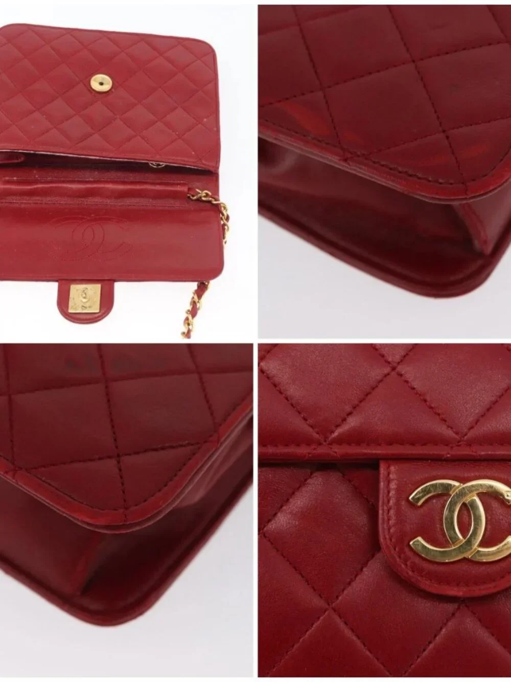 CHANEL Matelasse Chain Shoulder Bag Lamb Skin Red Gold CC Auth YKZ368